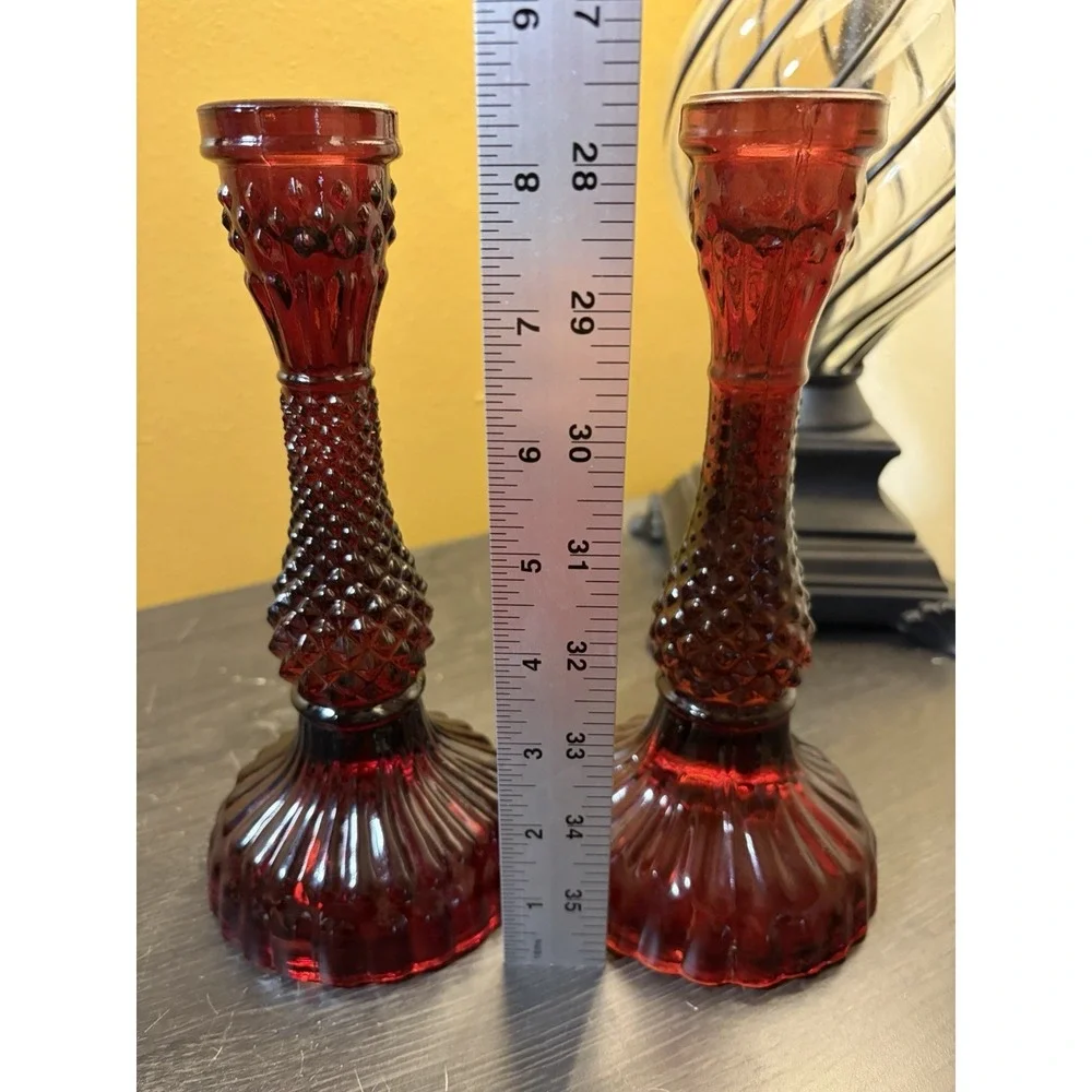 Pair of Ruby Red Pressed Glass Taper Textured Candlestick Holders , 8.5 In